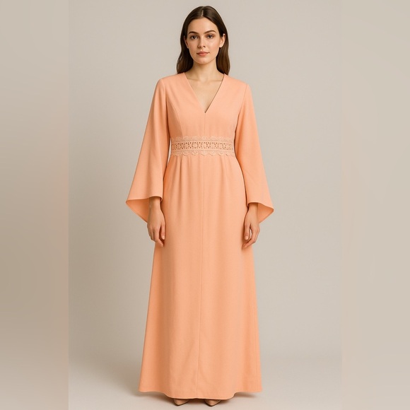 Lumier by Bariano tangerine peach Maxi Dress Formal Gown Lace Bell Sleeve Sz  12 - Picture 1 of 10